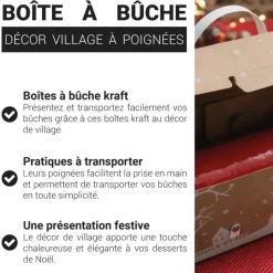 Boîte à bûche kraft à poignées décor village - 25 x 11 x 11 cm