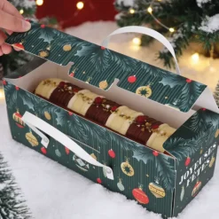 Boîte à bûche motifs boules de Noël avec poignées