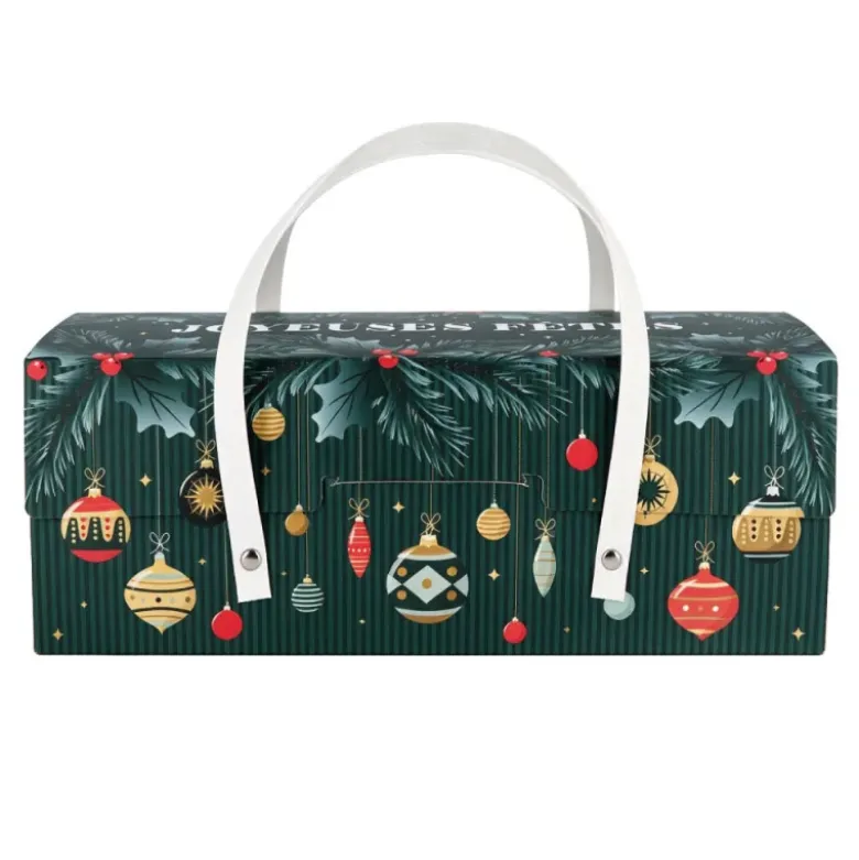 Boîte à bûche motifs boules de Noël avec poignées