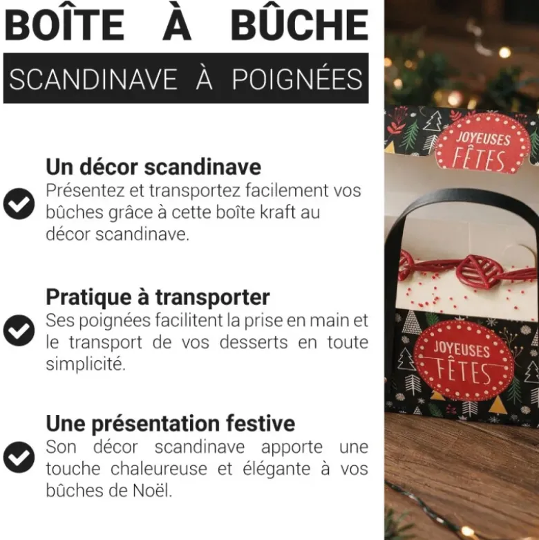 Boîte à bûche à poignées décor scandinave - 25 x 11 x 11 cm