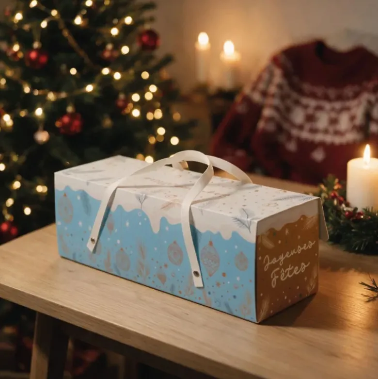 Boîte à bûche à poignées kraft décor glacé
