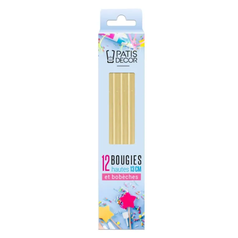 12 bougies dorées hautes 13 cm