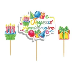 Cake topper assortis "Joyeux anniversaire" thème anniversaire enfantin