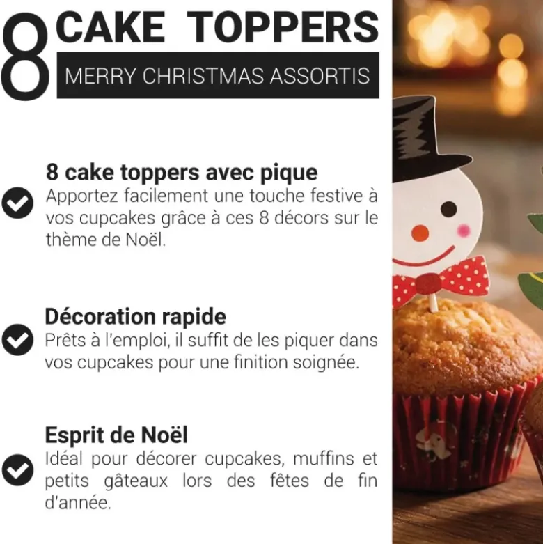 Cake Toppers Merry Christmas assortis (x8)