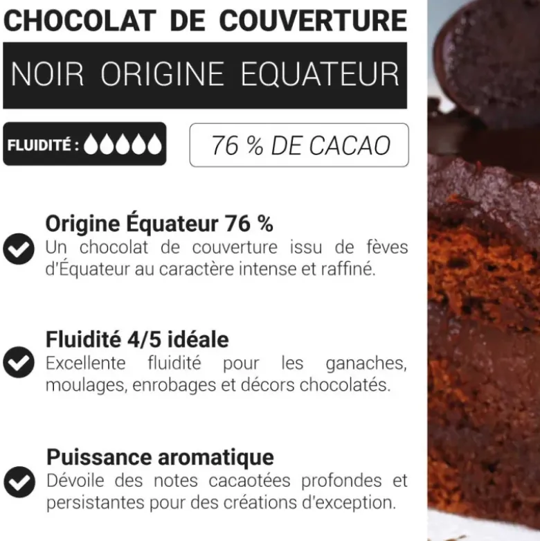 Chocolat de couverture noir Équateur - 76% de cacao - 250g
