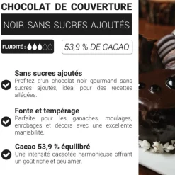 Chocolat de couverture noir sans sucres ajoutés - 53,9% de cacao - 250g - DDM 05/26