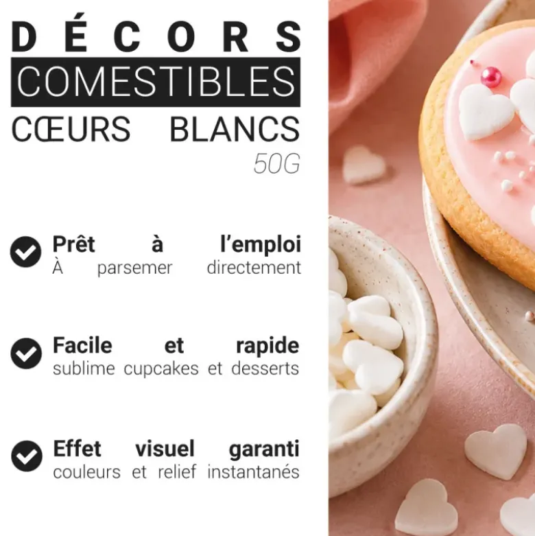 Décors comestibles cœurs blancs 50 g