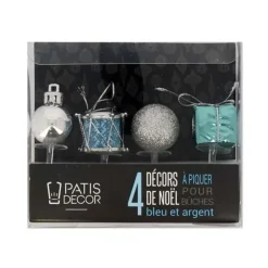 Décors de Noël assortis bleu argent sur pique (x4)