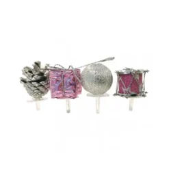 Décors de Noël assortis rose argent sur pique (x4)