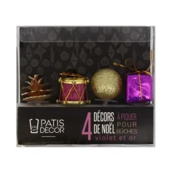 Décors de Noël assortis violet doré sur pique (x4)