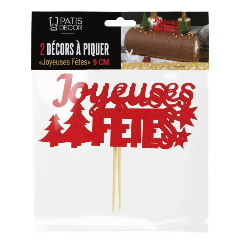 Décors sur pique "Joyeuses Fêtes" rouges (x2)