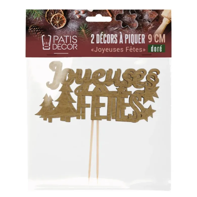 Décors sur pique "Joyeuses Fêtes" dorés (x2)