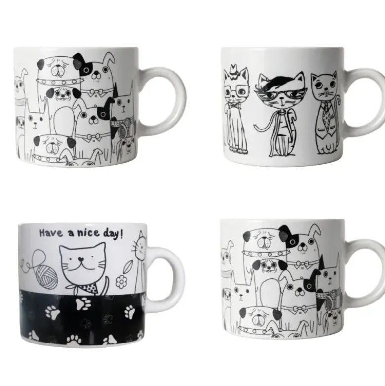 Lot de 4 tasses assorties thème "Chats et Chiens"