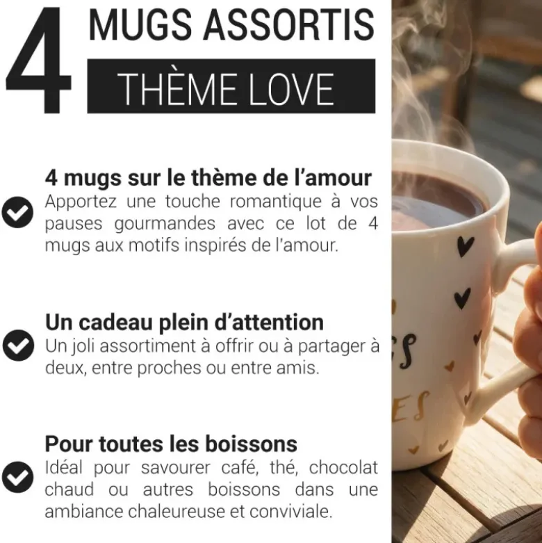Lot de 4 tasses assorties thème "Love"