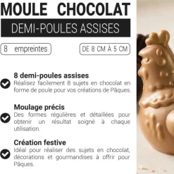 Moule chocolat 8 demi-poules plates assises 5 cm