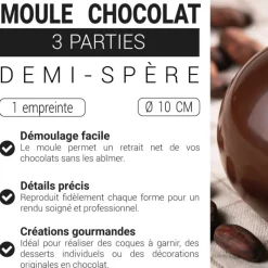 Moule chocolat en 3 parties demi-sphère 10 cm
