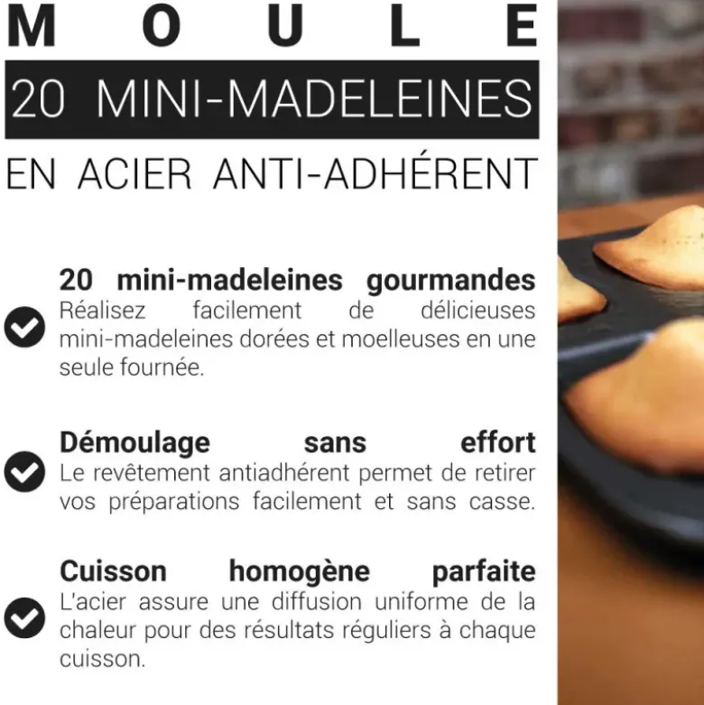 Moule 20 mini-madeleines en acier antiadhérent sans PFAS 4x3cm