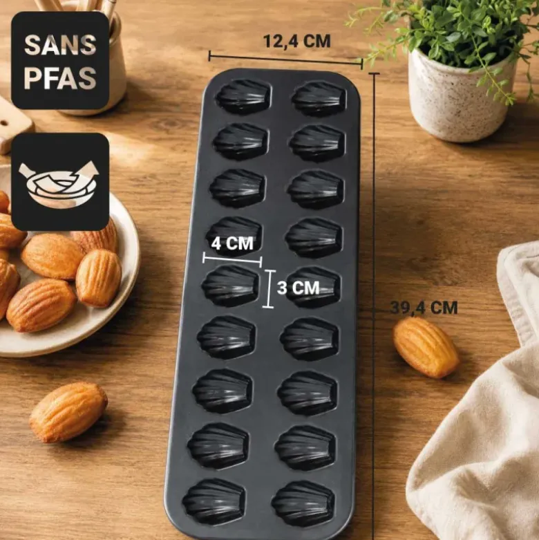 Moule 20 mini-madeleines en acier antiadhérent sans PFAS 4x3cm