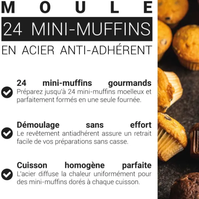 Moule 24 mini-muffins en acier antiadhérent sans PFAS Ø4,5cm