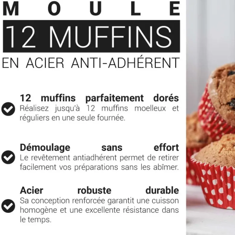 Moule 12 muffins en acier antiadhérent sans PFAS Ø6,8cm