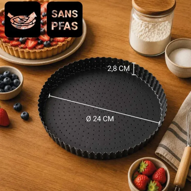 Moule à tarte perforé à fond amovible en acier antiadhérent sans PFAS