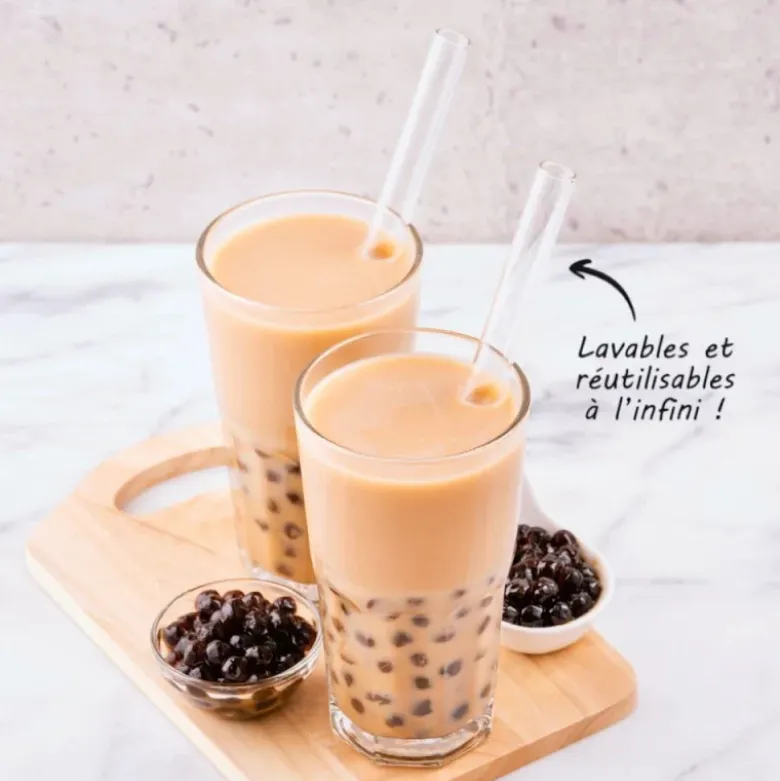 4 pailles en verre bubble tea et goupillon 20 cm - Ø 15 mm